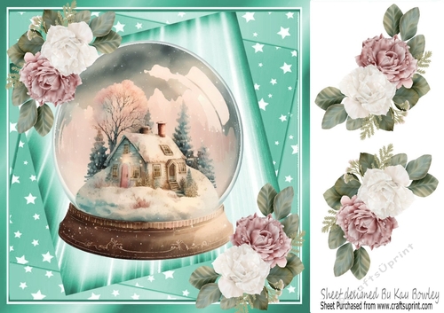 Pretty Snow Globe Cottage And Pink/White Roses Turq Stars 8x8 (Four)