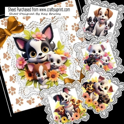 Cute Puppy Family On  Lace With Bows & Flowers, 8X8 Mini Kit