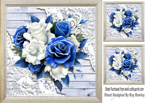 Lovely Wood & Lace 8x8 Frame With Blue & White 3D Roses (One)