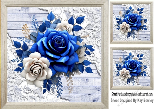 Lovely Wood & Lace 8x8 Frame With Blue & White 3D Roses (Two)