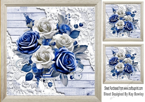 Lovely Wood & Lace 8x8 Frame With Blue & White 3D Roses (Three)
