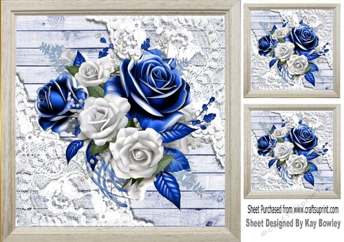 Lovely Wood & Lace 8x8 Frame With Blue & White 3D Roses (Four)