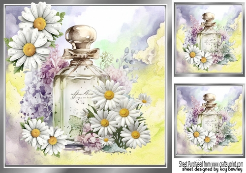 Pretty Perfume Bottle With Lilac Flowers & Sunflowers 8x8 (Three)