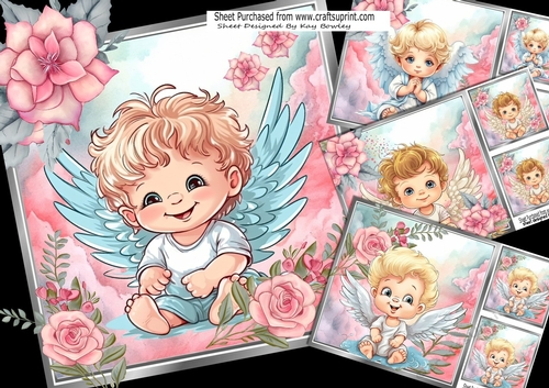 4 Sweet Angels With Pink Roses 8x8 Card Fronts Mini Kit