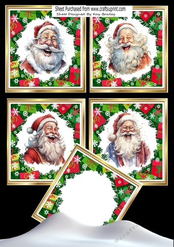 4 Festive Jolly Santas Smiling  8x8 Card Fronts Mini Kit  (Set Two)