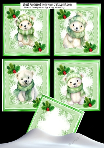 4 Cute Polar Bears in Green Scarves With Holly 8x8 Cards Mini Kit