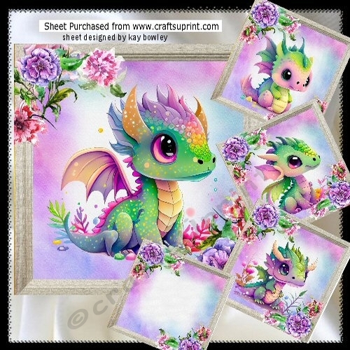 4 Cute Dragons With Flowers Pink & Purple 8x8 Card Fronts Mini Kit