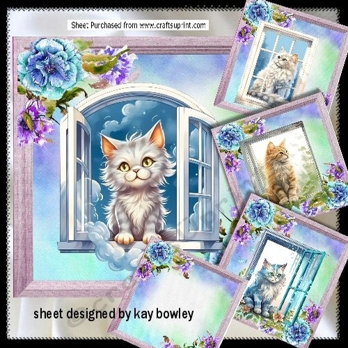 4 Cute Cats With Flowers In Windows  8x8 Card Fronts Mini Kit