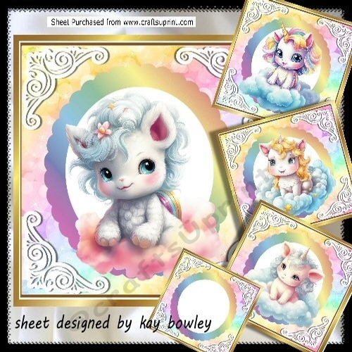 4 Cute Rainbow Baby Unicorns 8x8 Card Fronts Mini Kit