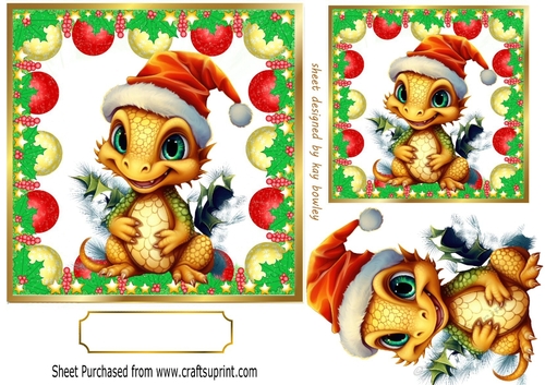 Cute Dragon In Santa Hat In Bauble Frame 7x7 (Three)