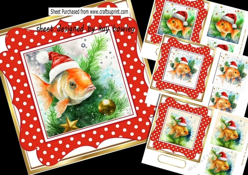 4 Cute Goldfish in Santa Hats In Red Polkadot 7X7 Cards Mini Kit