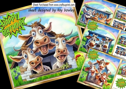 4 Funny Face Cows With Rainbows 8x8  Cards Mini Kit