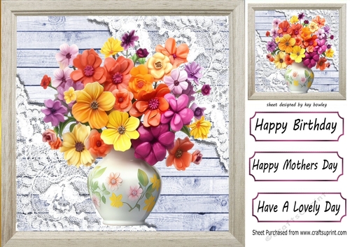 Pretty Blue Wood, Lace Corners With Flower Vase 8x8 (One)