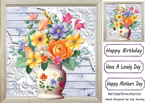 Pretty Blue Wood, Lace Corners With Flower Vase 8x8 (Three)