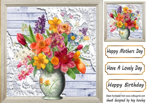 Pretty Blue Wood, Lace Corners With Flower Vase 8x8 (Four)