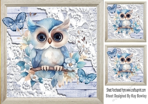 Pretty Wood, Lace With Owls Blue Butterflies 8x8 (One)