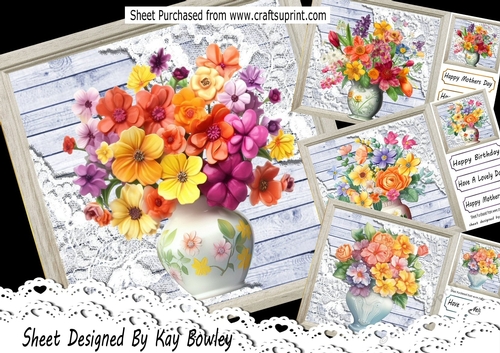 4 Pretty Blue Wood, Lace Corners With Flower Vases 8x8 Mini Kit