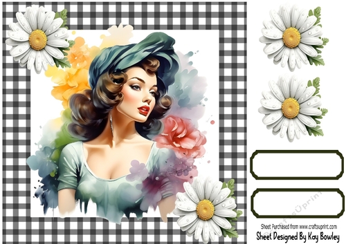 Gorgeous Raven Hair Pinup Girls/Black Ginham & Daisies 8x8 (one)