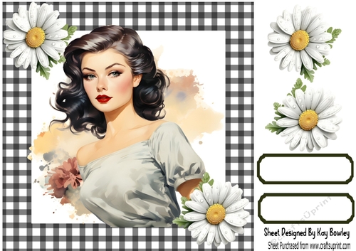 Gorgeous Raven Hair Pinup Girls/Black Ginham & Daisies 8x8 (Two)