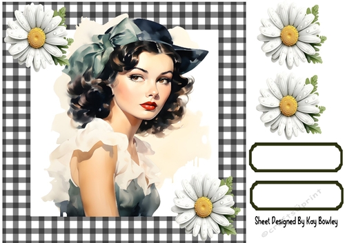 Gorgeous Raven Hair Pinup Girls/Black Gingham & Daisies 8x8 (Three)