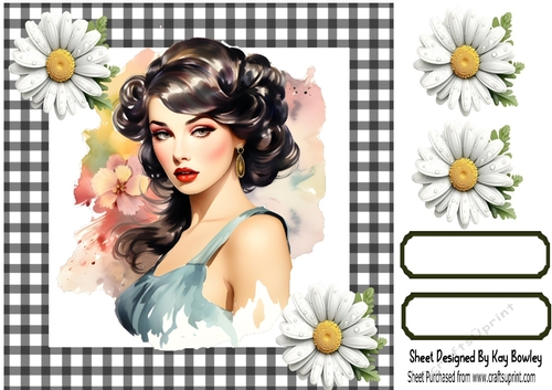 Gorgeous Raven Hair Pinup Girls/Black Gingham & Daisies 8x8 (Four)