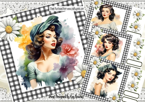  4 Gorgeous Raven Hair Pinup Girls/Black Ginham & Daisies 8x8 Mini Kit