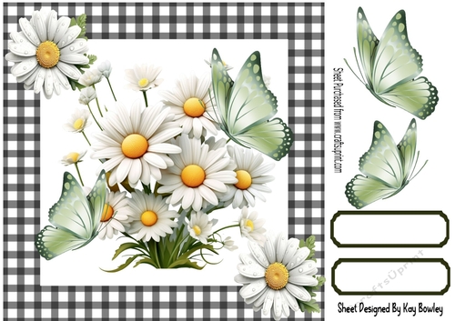 Pretty Daisies With Green Butterflies Black/White Gingham 8x8 (One)