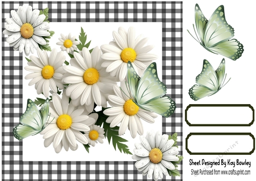 Pretty Daisies With Green Butterflies Black/White Gingham 8x8 (Four)