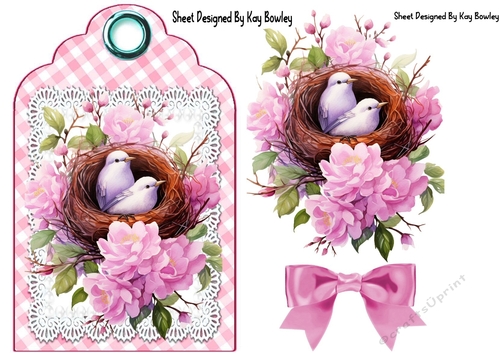 Pretty Floral Birds Nest On Pink Gingham Tag (One)
