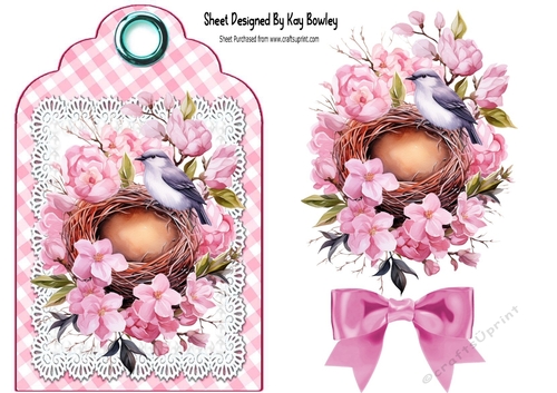 Pretty Floral Birds Nest On Pink Gingham Tag (Two)