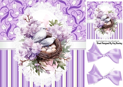 Pretty Purple Lace And Bows Birds Nest With Flowers 8x8