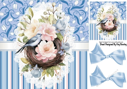Pretty Blue Lace And Bows Birds Nest With Flowers 8x8