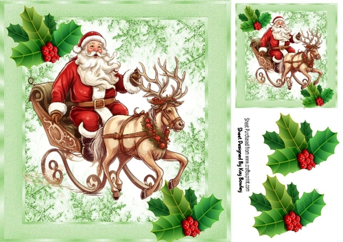 Lovely Santa & Sleigh With Holly & Berries 8x8