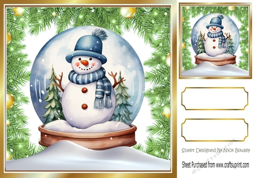 Lovely Snowman Globe With Snow & Ferns 8x8