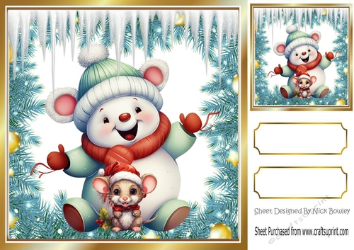 Cute Snowman With Little Mouse With Icicles 8x8