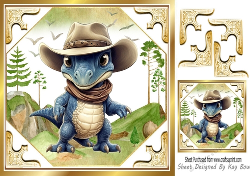 Country & Western Dino In Cowboy Hat 8x8 (Three)
