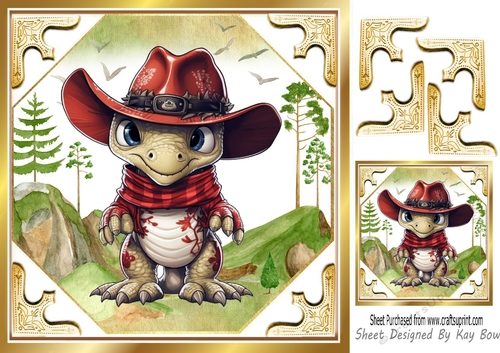 Country & Western Dino In Cowboy Hat 8x8 (Four)