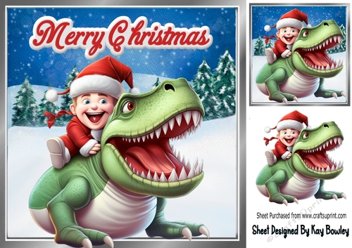Christmas T Rex With Santas Elf In Snow Scene 8x8 (Two)