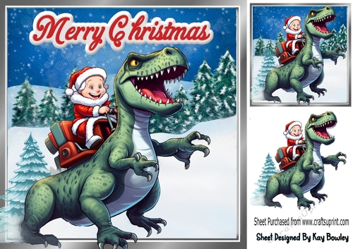 Christmas T Rex With Santas Elf In Snow Scene 8x8 (Four)