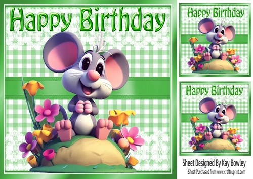 Cute Mouse With Flowers  Green Gingham/Ribbon (Two)