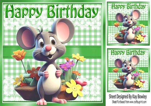 Cute Mouse With Flowers  Green Gingham/Ribbon (Three)