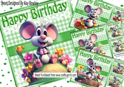  4 Cute Mice With Flowers  Green Gingham/Ribbon & Lace 8x8 Mini Kit