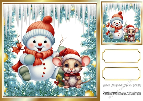 Happy Snowman With Cheeky Mouse With Icicles 8x8