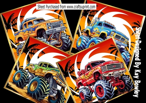  Ride Into The Sunset  With 4 Monster Trucks Back Grounds 8x8 Card Fronts
