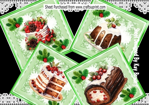 4 Lovely Christmas Cakes With Holly 8x8 Card Fronts (SET ONE)