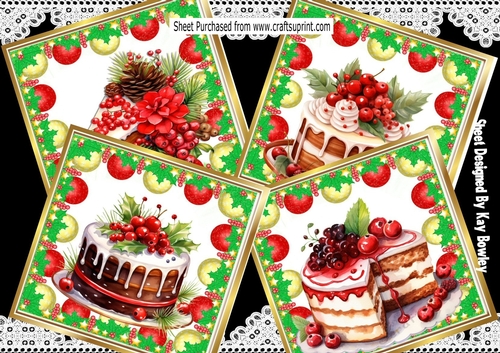 4 Lovely Yummy Christmas Cakes With Baubles 8x8 Card Fronts (SET TWO)