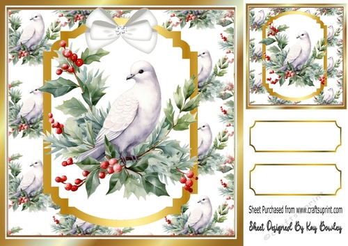 Pretty Dove With Holly & Berries Christmas Card 8x8