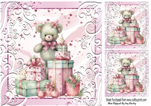 Pretty  Pink Christmas With A Teddy 8x8 (Four) Card/Fronts