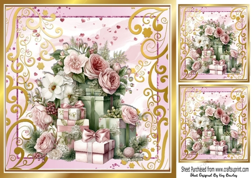 Pretty Pink Roses/Presents In Gold/Pink Ornate 8x8