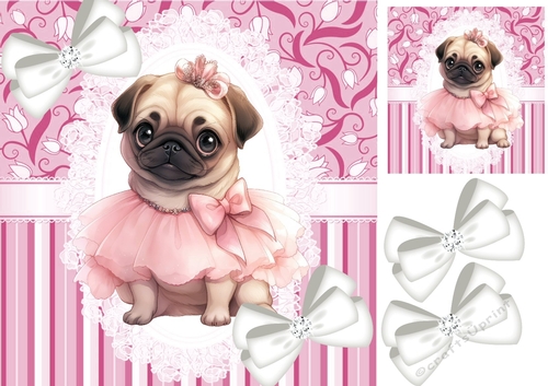 Cute Ballerina Pug On Lace/Pink Stripe 8x8 With Bows